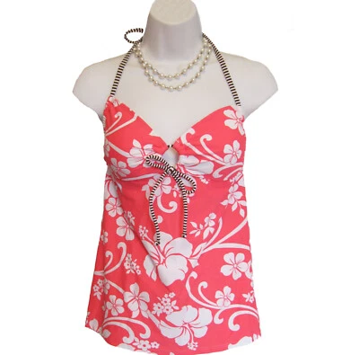 NUEVO Tankini Top Halter TALLA Juniors L Grande SO Coral Blanco Marrón Tropical Floral Foto 1 de 4
