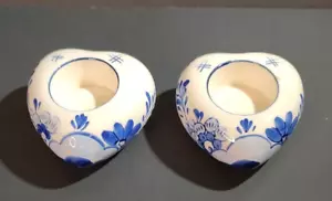 2 Delft Blue Handpainted Ceramic Votive Candle Tealight Holder Heart Shape - Picture 1 of 8