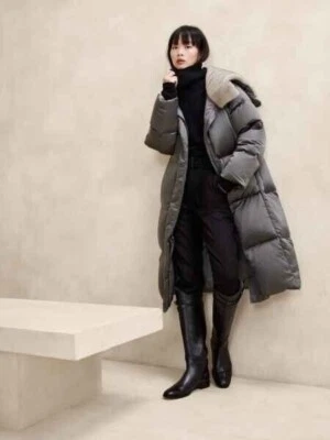 ABRIGO ACOLCHADO LARGO SATINADO BANANA REPUBLIC ALPS | Gris Cenizas Pequeño #818025 Nuevo con etiquetas Foto 1 de 3