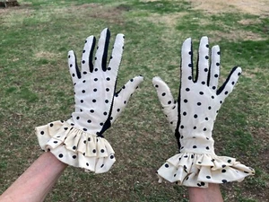 Vintage handmade ivory black polka dot ruffled cuff silk gloves one of a kind - Picture 1 of 17