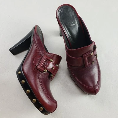 Stuart Weitzman Red Leather Clog Womens 6 Slip On Heel Studded Buckle Mule - Image 1 of 4
