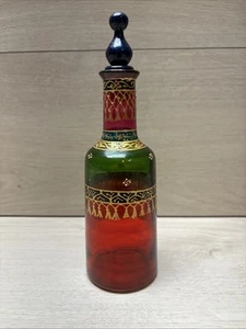Hand Painted Glass Bottle With Gold Design -Cork Cap   Height 8” - Picture 1 of 8