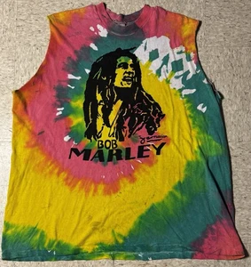 Vintage 90s Bob Marley Tie Dye Cut Off T Shirt XXL SS Reggae Souvenir Shop Rare - Picture 1 of 11