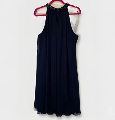 Ignite Evenings Sz 16 Midi Dress Beaded Halter Navy Blue Formal Mod Cocktail - Image 1 of 4