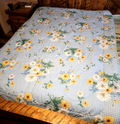 Edredón doble Cottagecore flores margaritas patrón a cuadros azul casa de campo Foto 1 de 4