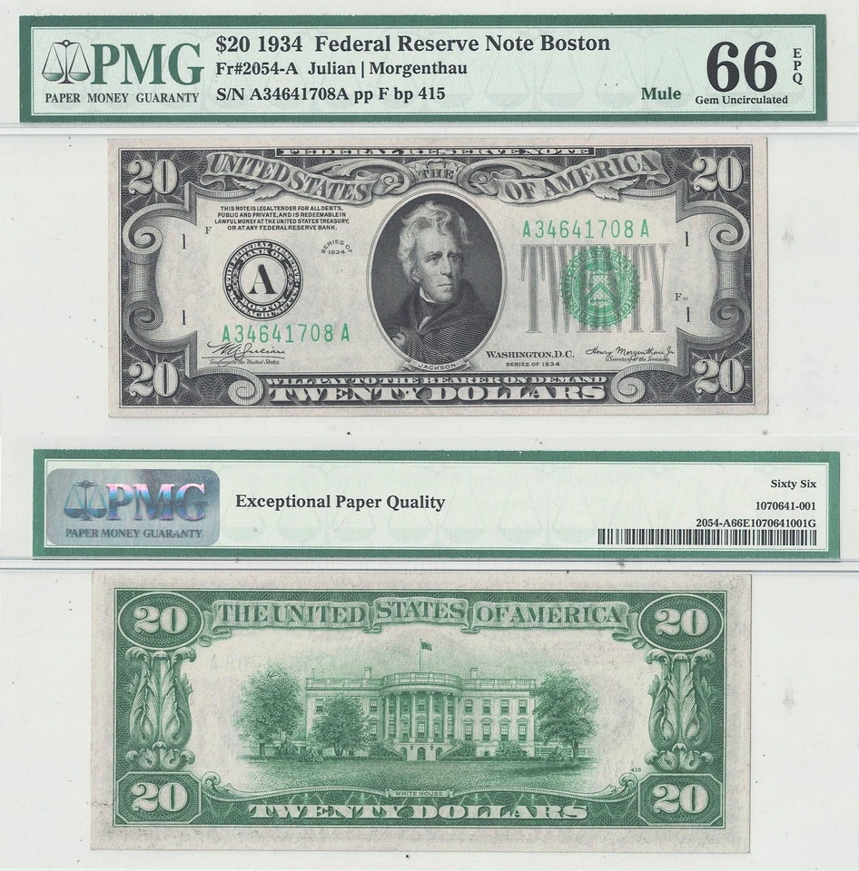 1934 $20 Federal Reserve Note Mule Fr-2054-Am PMG Gem CU-66 EPQ - Image 1 of 3