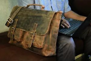 18" Inch Retro Buffalo Hunter Leather Laptop Messenger Bag Office Briefcase - Picture 1 of 6