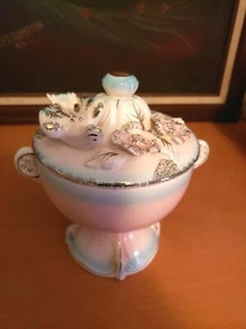  Betson Ceramic Porcelain Bird Flowers Candy Dish with Lid Pink Blue Silver  - Picture 1 of 11