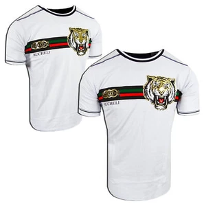 Mens White T-Shirt Designer Bucheli Italian Stripe Gold Tiger Slim Fit Crew Neck - Picture 1 of 5