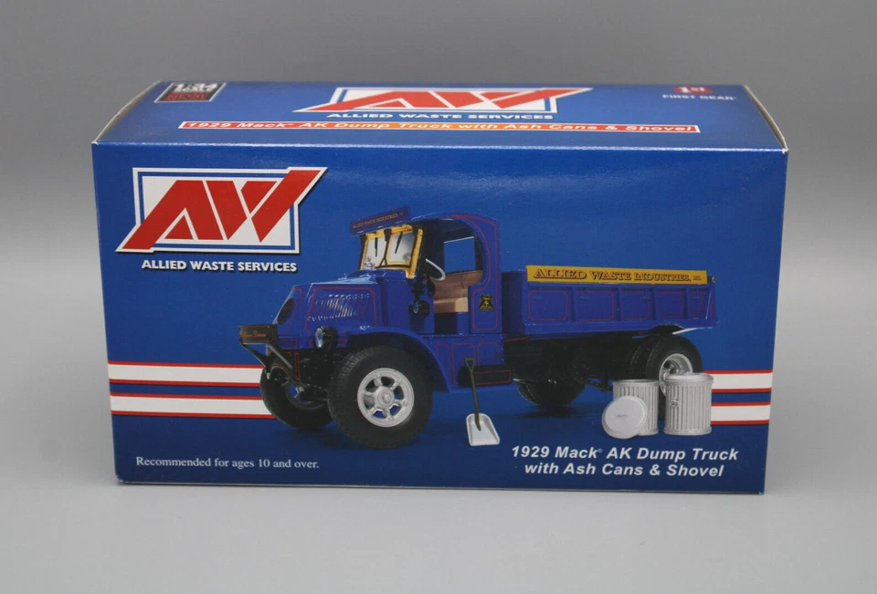 First Gear Allied Waste Mack AK Dump Truck 1 34 Scale Blue Shovel and Cans