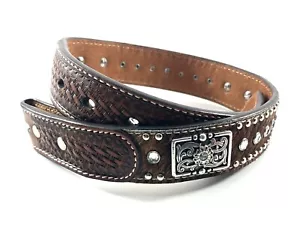 Nocona Westerngürtel Größe 20 braun Leder Kalbshaar Strass Basketweave - Bild 1 von 9