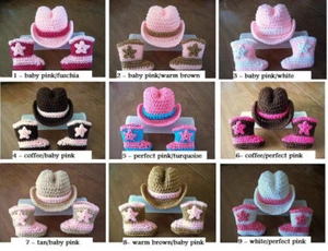 COWBOY COWGIRL newborn baby HAT and BOOTS set Brown crochet 0-3 mo PHOTO PROP - Picture 1 of 1