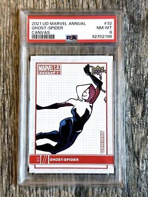 POP 5 RARE HIGHER 2021 UD MARVEL ANNUAL GHOST SPIDER GWEN CANVAS NEW #32 PSA 8 - Image 1 of 2