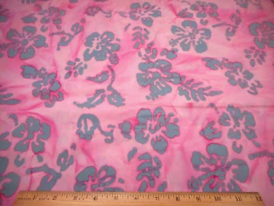 Batik Fabric 2/3 Yard Dusty Blue Floral on Pink Premium Cotton #50 - Image 1 of 2
