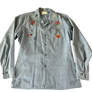 Vtg 60s 70s Chambray Denim Work Shirt Embroidered Sailor Seafarer S Hippy - Picture 1 of 14