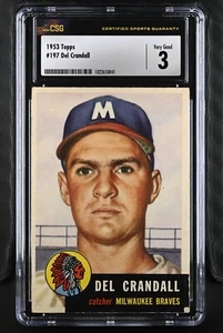 1953 Topps #197 Del Crandall Milwaukee Braves - CSG 3 en muy buena condición - Imagen 1 de 2