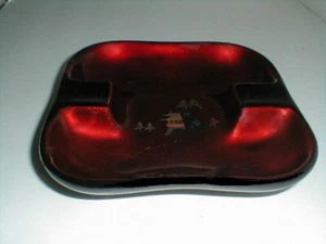 Japanese Red Oxblood Ceramic Square Ashtray Trinket Dish w Pagoda Japan - Picture 1 of 4