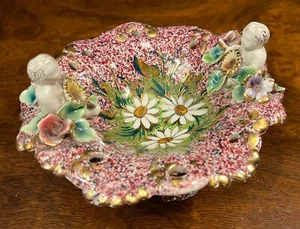 Italian Pottery Dish Pedestal Vintage Splatter Glazed Baby Flowers - Picture 1 of 6