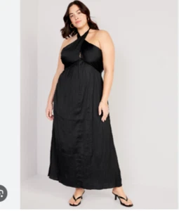 Old Navy Women Dress 4X Plus Black Stain Fit Flare Wrap Neck Maxi Dress - Picture 1 of 17
