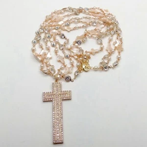 23" Pearl Shell Cz Rosary Chain Necklace Cubic Zirconia Pave Crucifix Pendant - Picture 1 of 8
