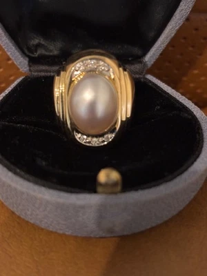 Authentic Solid Gold Pearl with Pave Diamonds Vintage Art Deco Ring - Изображение 1 из 4