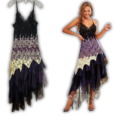 Ever Pretty 1X 黑色紫色蕾丝荷叶边花卉连衣裙童话奇思妙想 — 第 1/4 张图片