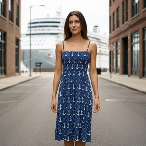 Isla Bonita Blue Anchor Print Shirred Swim Cover Up Womens One size Dress Beach - Picture 1 of 4