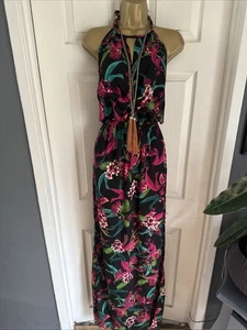 Ladies boohoo black red green floral design halter neck maxi dress size 16 🟤 - Picture 1 of 11