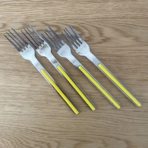 Set of 4 VTG Stainless Steel Forks Yellow Handles 7.5” Unbranded RETRO MCM - Picture 1 of 9