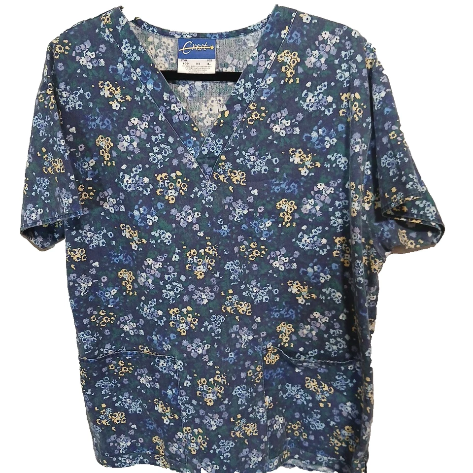 Crest Scrub Top Size L Womans  Blue Floral Med Vet Peds - Image 1 of 4