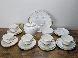 Extremely Rare Shelley 13743 Turquoise Polkadot Gold 20 Pc Tea Set Vintage China - Picture 1 of 9