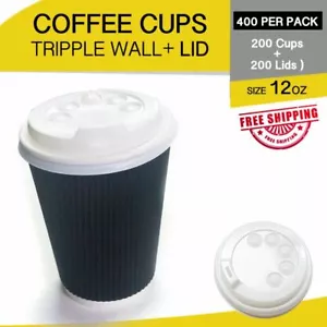 Disposable Coffee Cups+Lids 200Pk 12oz Triple Wall Takeaway Hot Drink Cup Cheap - Picture 1 of 4
