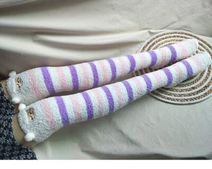 Mujeres Calcetines Difusos Hasta el Muslo Invierno Cálidos Calcetines Casal Rayas Sobre la Rodilla Calcetines - Imagen 1 de 15