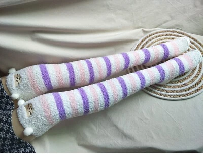 Mujeres Calcetines Difusos Hasta el Muslo Invierno Cálidos Calcetines Casal Rayas Sobre la Rodilla Calcetines Foto 1 de 4