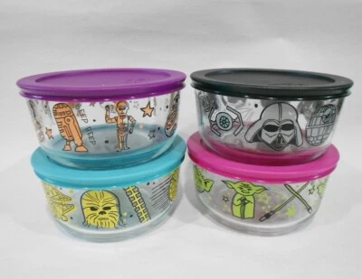 ❤️ 8-pc PYREX STAR WARS 4 Cup Glass STORAGE BOWL SET w/Covers Darth Vader Yoda - Image 1 of 4