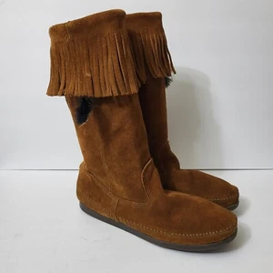 Minnetonka Damengröße 10 braun Wildleder Fransen Mokassin Stiefel halbhoch flach Boho - Bild 1 von 12