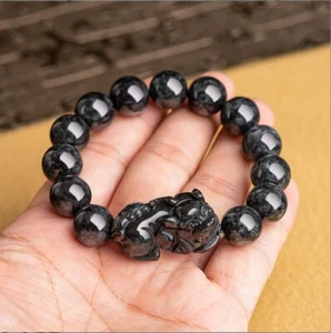 Zertifiziert 13 mm Öl Schwarz Natürlich Burma A Jade Jadeit Runde Perlen PiXiu Armband - Bild 1 von 8