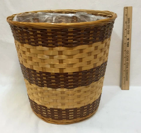 Basket Woven Reed 13" Wastepaper Garbage Trash Can Planter Plastic Liner Browns Cover