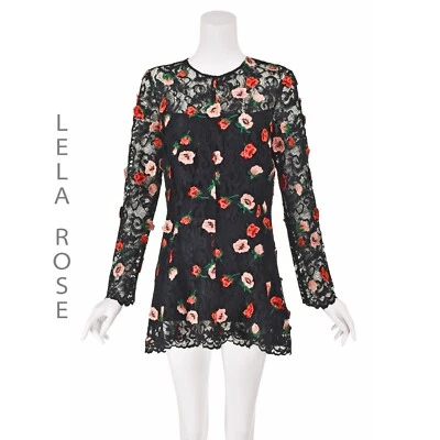 Mini Vestido LELA ROSE de Encaje Negro con Apliques Florales Bordados Talla 10 Foto 1 de 4