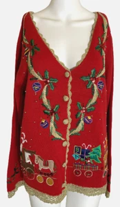 M Ugly X-Mas Cardi Sweater Sequins Embroidered Ornaments Beads Holly - Picture 1 of 11