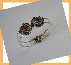 Oxidized silver metal Coral and Green Garnet Stones Bangle Bracelet from India   - Picture 1 of 4