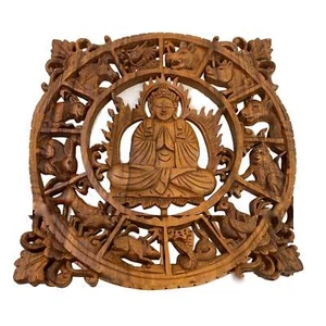 Buddha chinesische Sternzeichen Tafel handgeschnitzt Holzschnitzerei Bali Kunst Wandskulptur - Bild 1 von 8