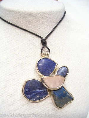 Ciondolo in ARGENTO 925 con PIETRE DURE naturali - Sodalite blu e Quarzo Rosa - - Immagine 1 di 3