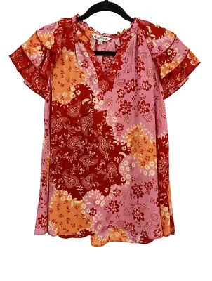 NWT Nanette Lepore Ruffle Short Sleeve Red Pink Floral Paisley Print Tunic Top Foto 1 de 4