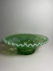 Rare Antique Dugan Green Opalescent Reflecting Diamonds Bowl Ruffled Crimped Edg - Picture 1 of 9