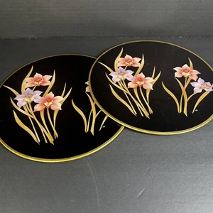 2 Vtg 1980s Floral Flower Cork Backed Trivet Hot Pad Gold Trim 10” Kitchen Decor - Picture 1 of 7