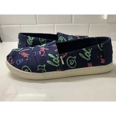 TOMS Shoes Youth Sz 5 Navy Griffiti Canvas Slip On Sneakers Spell Outs Comfort - Image 1 of 4