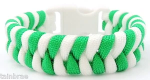 Emerald Green and White Stripes Paracord Bracelet with Buckle Choices - Picture 1 of 6