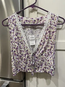 NWT Cotton:On Tie Front Lace Cami SZ S Violet Floral Sleeveless Top Shirt Blous - Picture 1 of 9