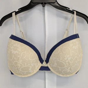 Adore Me Women's Ivory Lace Navy Satin Trim Lauraine Push-Up Bra Size 38DD - Picture 1 of 7